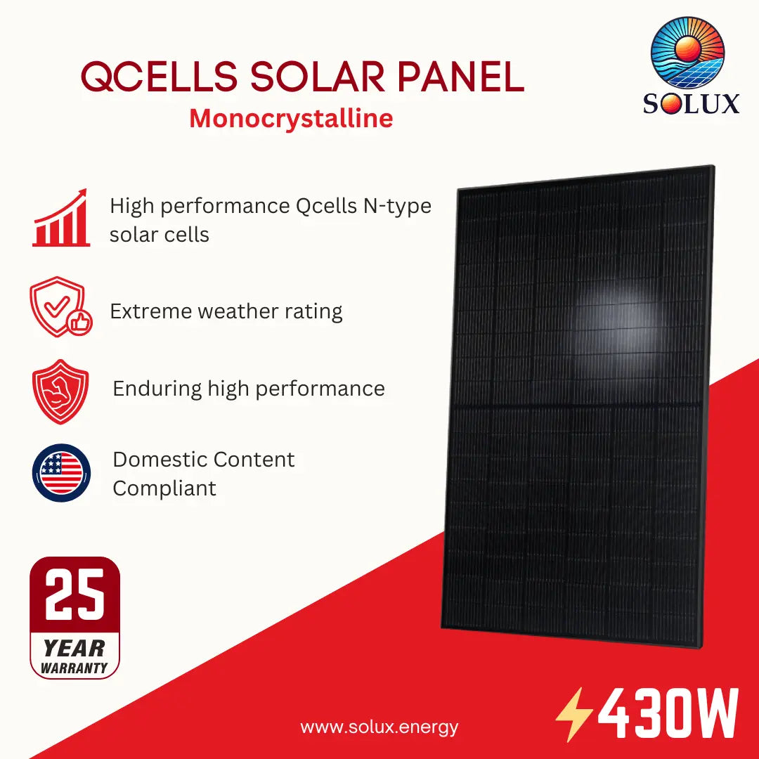 A promotional graphic for a Solux Qcells Solar Panel Monocrystalline, showing a tall black solar panel on the right and marketing text and icons on the left, including high performance, extreme weather rating, domestic content compliance, 25-year warranty, and 430W power.